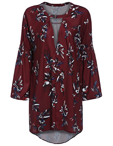 ROMWE Women's Loose Long Sleeve Keyhole Flowery Floral Beach Dress