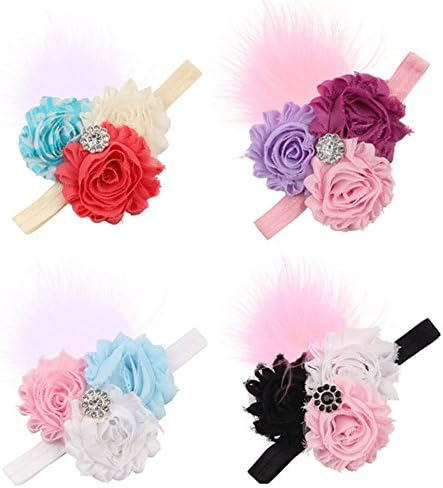 Zemao Baby Girls Elastic Three Flower And Feather Headbands Hair Bow