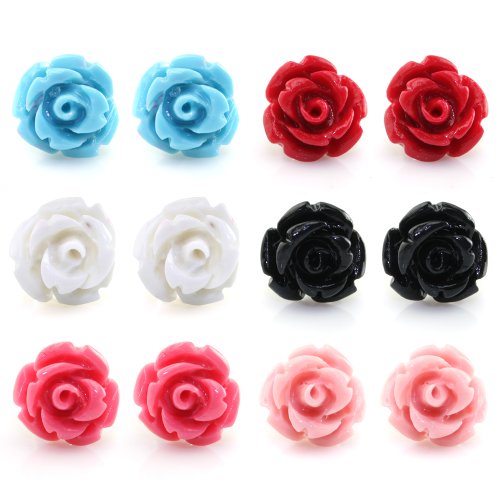 Handcrafted Resin Color Simulated Coral Rose Flower Earring Studs, Hypoallergenic Stainless Steel