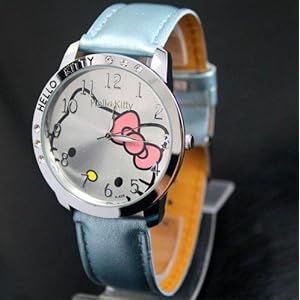 Hello Kitty Large Face Quartz Watch - Light Blue Band + Hello Kitty Pouch & Extra Battery