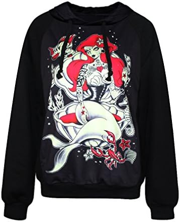 Women Black Witch Mermaid Casual Hoodie Long Sleeve Fleece Sweatshirt Print Coat