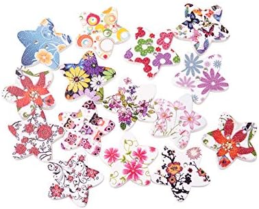 Pandahall 50pcs Mixed Printed Star Shape 2-Hole Wooden Buttons, White, 23x2mm, Hole: 1mm