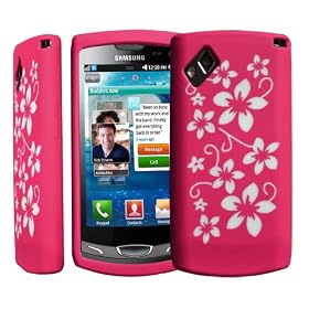 housse �tui coque en silicone rose fuchsia motif fleurs pour Samsung Wave 2 s8530 + film protecteur