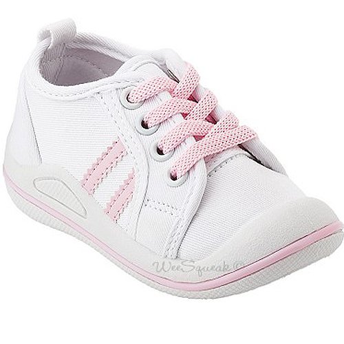 Wee Squeak Baby Toddler Little Girls White Pink Trim Tennis Shoes 3-12