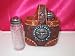 Salt and Pepper Shaker in Leather Woven Basket, Silver and Turquoise Trim with Longhorn with Horseshoe, Western Decor