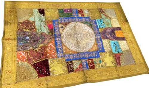 Indian Sari Tapestry Khaki Yellow Sequin Mirror Embroidered Wall Hanging Decor