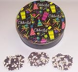 Scott's Cakes 1 lb. Dark Chocolate Covered Pretzel with Chocolate Chips & White Chocolate Chips in a Celebrate Tin