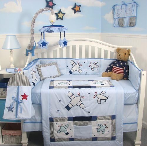 SoHo Airplane Baby Crib Nursery Bedding Set 13 pcs included Diaper Bag with Changing Pad &amp; Bottle Case