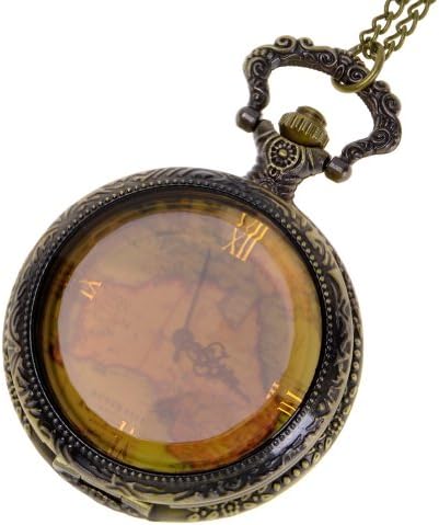 Vintage Clear Watchcase Australia Map Round Dial Quartz Movement Pocket Watch Chain Antique Bronze