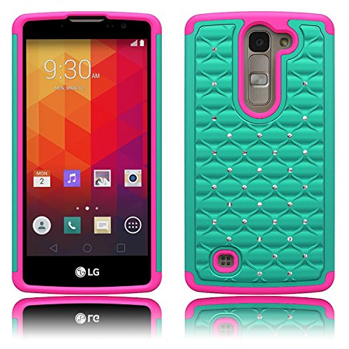 LG Volt 2 Case, LG Magna Case, EC™ Studded Crystal Rhinestone Case, Hybrid Armor Dual Layer Diamond Bling Case Cover for LG Volt 2 LS751, LG G4 Mini G4c, LG Magna H500F (Teal/Hot pink)