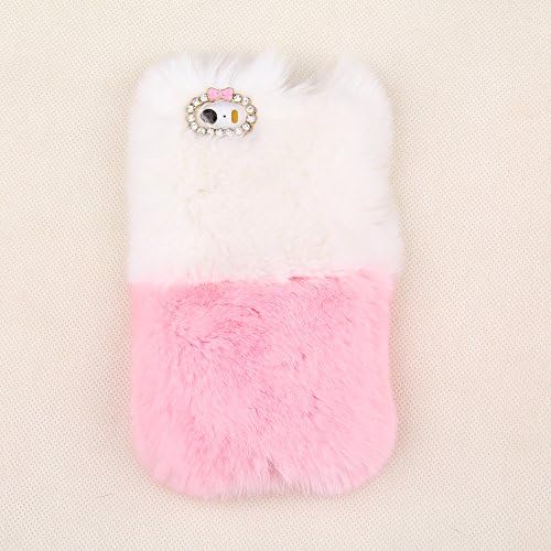 iPhone 5C Case, Bling Diamond Fluffy Cover [Genuine Rex Rabbit Fur Case] Winter Wammer Handmade Soft Crystal Case Caselo 3 Pieces Accessories For iPhone 5C (ONLY FIT for iPhone 5C), Extremely Luxury Bling Cover + Free Stylus Pen + Free Screen Protector Film + Free Unique Caselo Butterfly Earphone Jack Plug - Pink and white