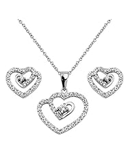 .925 Sterling Silver CZ Interlocking Hearts Earrings and Matching Pendant-Necklace Set with 1.2mm Cable Rolo Chain - 16"+1" Inches Extension