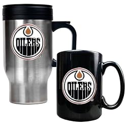 Edmonton Oilers Stainless Steel Travel Mug & Black Ceramic Mug Set - Primary Logo NHL Hockey