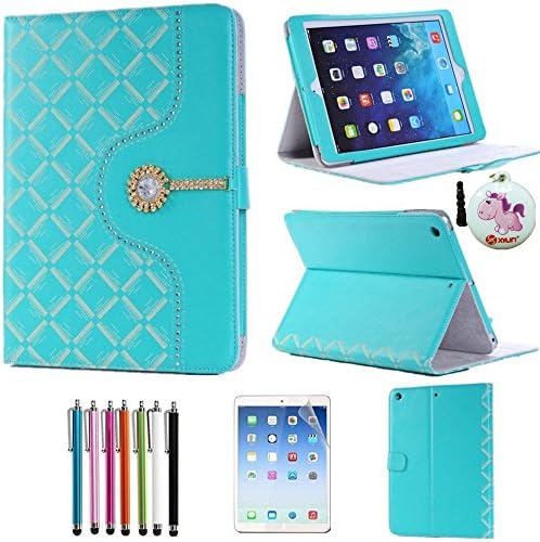 ipad air Case,XYUN(TM) Hot Luxury Handmade Bling Crystal Hard Leather Case Cover Stand For Apple iPad Air iPad 5+Screen Protector+Random Color Stylus , a XYUN Mobile Phone Cleaner Dust Plug Gift (blue)