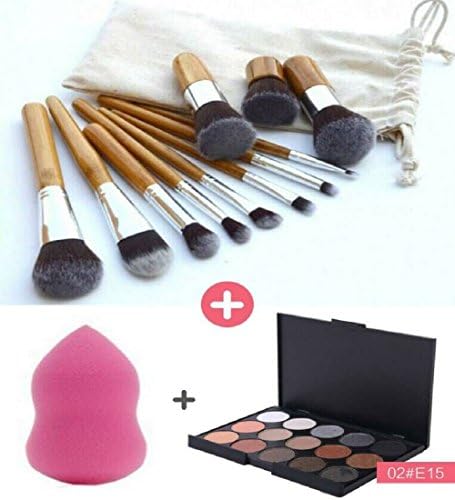 Moonkini New 15 Colors Contour Face Cream Makeup Concealer Palette + 11 PCS Makeup Brush Set Cosmetic Bamboo Handle + 1 Piece Blender Sponge (Large Size: 1.65" x 2.28" ~ WxH) (02#E15)