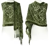 TEMPER Silk Blend Floral Burnout Shawl (GREEN), Green Olive, M27-01L