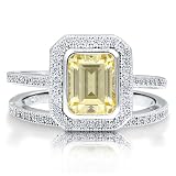Sterling Silver 925 Emerald Cut Canary Cubic Zirconia CZ Halo Ring Set - Women's Valentine Engagement Ring Set