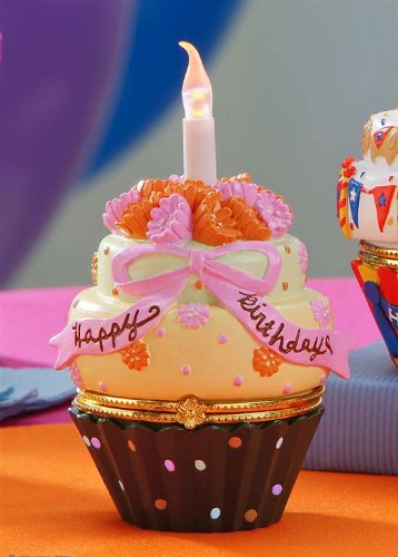 Giftcraft Happy Birthday Floral Cupcake Trinket Box Lights up Blows Out