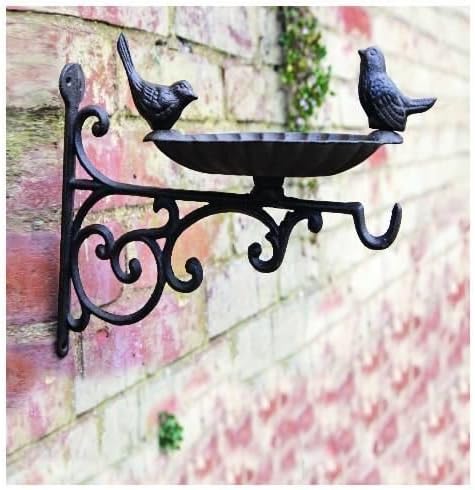 Cast iron wall bird bath with 2 decorative birds (hand pianted), cast iron bird feeder, bird feeder, cast iron bird feeder.