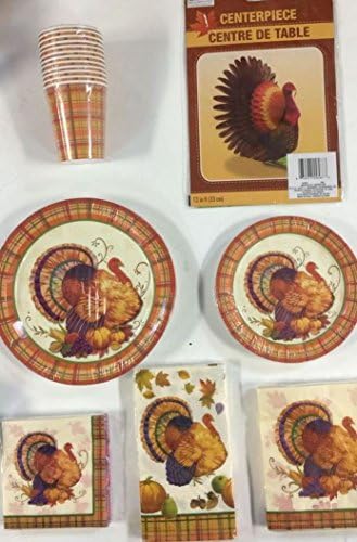 Thanksgiving Fall Turkey Party Package of 8 Guests - Includes Dinner Plates, Dessert Plates, Beverage Napkins, Lunchon Napkins, Cups, Table Cover and FREE ! Thanksgiving Fall Turkey Centerpiece