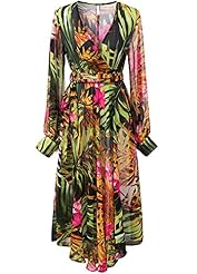 V-neck Floral Print Polyester Shift Long Sleeves Maxi Dress 