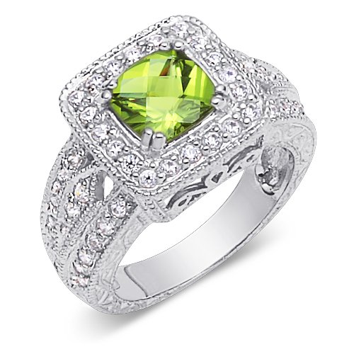 Gorgeous 1.50 carats total weight Cushion Cut Checker Board Peridot & White CZ Size 6 Gemstone Ring in Sterling Silver