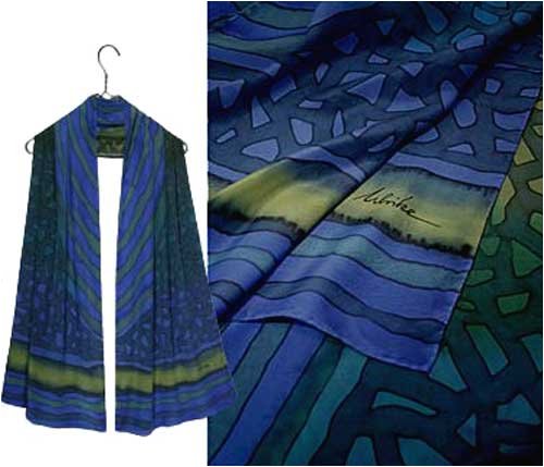 Cover image : ULRIKE Wide Oblong Flat Crepe Silk Scarf - Deepest ultramarines and indigos join soft teals and a quiet keylime stripe.