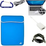 Bundle Set: Apple MacBook Pro / MacBook Air 13.3 Inch Black / Blue Laptop Carrying Case Reversible Sleeve, Keyboard Silicone Skin Cover, Mini DisplayPort Male to HDMI Female Adapter, HDMI Male to Male 6 Feet Extension Cable, 3.5mm to 3.5mm Auxilliary Stereo Cable, and a Free Carabiner Key Chain