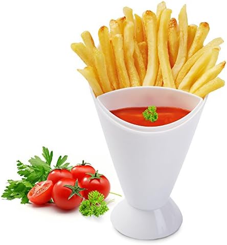DipDine Cone | Prime ABS Material French Fries Cone with Built-in Dipping Cups for Potato Fries, Veggies, Pretzels, Bread Stick, Finger Foods, 6.6 x 4 x 3 inches, Dishwasher Safe, White