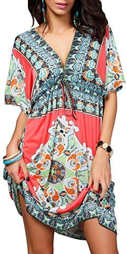Women Sexy V-neck Summer Floral Beach Dress Bikini Cover Up Medium Red 01