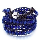 Pugster Mothers Day Bracelets Blue Turquoise Beads Wrap Bracelet On Black Leather Chip Stone