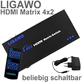 HDMI Matrix 4x2 Splitter Switch Umschalter 4 zu 2 Y Adapter 4:2 FullHD 1080p + Fernbedienung + HDMI High Speed + Cinch Audioausgang + Verst�rkervon "Ligawo �"