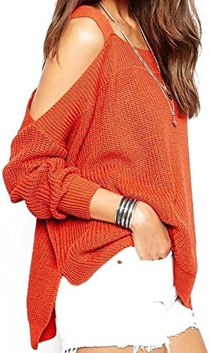 Rozzy K Womens Casual Cut Out Shoulder Tops Knitted Pullover Jumper Sweater Orange and Red