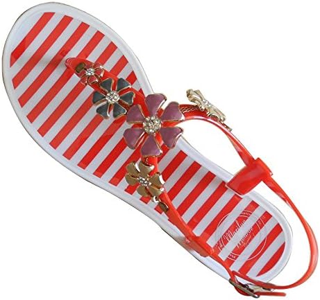 D3 Py By Yunzhicheng Upper with Metal Flower Decoration Jelly Thong Slingback Flat Sandal (7.5 B(M) US, Red Stripe)