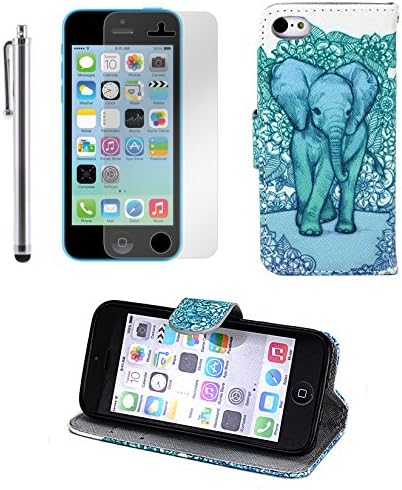 TheLovelyBird PU Leather Folio Stand Wallet Case Cover for iPhone 5C + Stylus Pen + Screen Protector in Retail Packaging (Elephant 1)