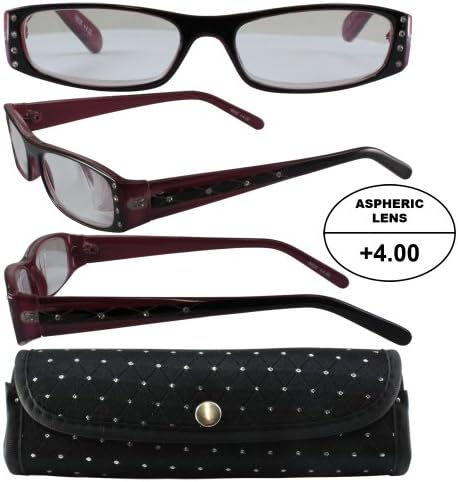 Women's High-Powered Reading Glasses: Black and Pink Frame and Matching Case +4.00 Magnification Aspheric Lenses