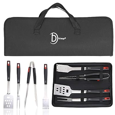 TD Design Deluxe Heavy Duty Stainless Steel BBQ Grill Set Tools Barbecue Tools Grilling Utensils - Grill Spatula, Barbecue Tongs, BBQ Fork, and Cleaning Brush