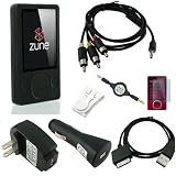 Microsoft Zune 80GB / 120GB Silicone Skin (BLACK) w/ AV Audio Visual / Video Cable, USB 2in1 Sync and Charging Cable along with universal USB Car and Wall / Travel Chargers, Screen Guard / Protector and a Auxiliary 3.5mm to 3.5mm MP3 Jack Cable