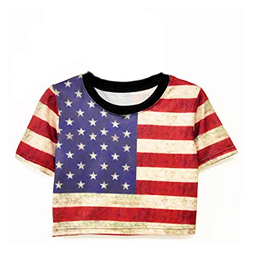 Womens Slim Hipster Round Neck Short Sleeve Multi Print Crop Top T-Shirt