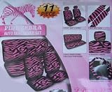 Safari Animal Print Auto Interior Gift Set - 2 Pink Zebra Low Back Front Bucket Seat Covers with Separate Headrest Cover, 1 Pink Zebra Steering Wheel Cover, 2 Pink Zebra Shoulder Harness Pressure Relief Cover, and 1 Bench Cover