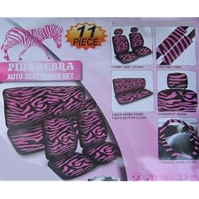Safari Animal Print Auto Interior Gift Set - 2 Pink Zebra Low Back Front Bucket Seat Covers with Separate Headrest Cover, 1 Pink Zebra Steering Wheel Cover, 2 Pink Zebra Shoulder Harness Pressure Relief Cover, and 1 Bench Cover