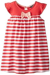 Girls Striped Print Polyester Elasticized   Waistline Flutter  Dress