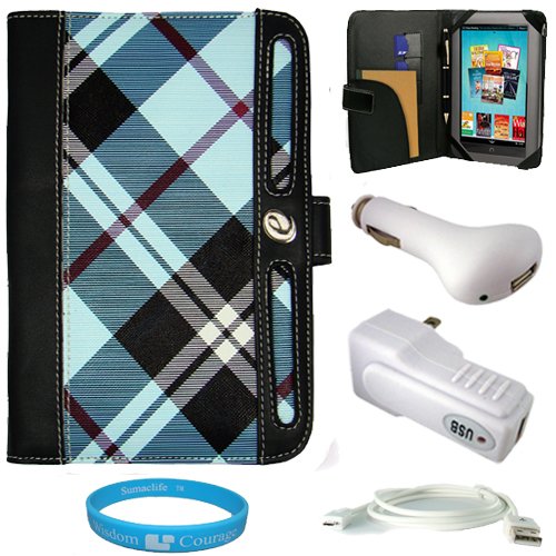 Best Price Blue Plaid Executive Melrose Leather Protective Case Cover for Barnes and Noble Nook Color Wireless Reading Device Wi-Fi 7 inch LCD Display Screen + Rapid Travel Wall Charger + Rapid Car Charger + Micro USB Data Cable + SumacLife TM Wisdom Courage Wristband