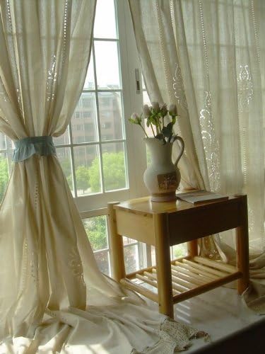 Crystal Cup Greek Cotton Linen Crochet Curtain, Handmade Carve Patterns Sheer Curtain, Country Design Curtian Sheer, Elegant Curtain for Living Room, Bed Room, Belt, Hook Style, One Piece (belt style)