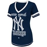 MLB Women's New York Yankees Bling Beauty Short Sleeve V-Neck Boyfriend Tee (Athletic Navy Heather/White, Small)