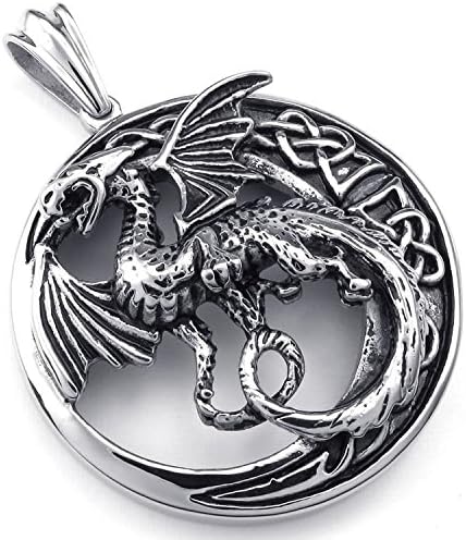 Mygoodie Jewelry Mens Gothic Tribal Dragon Stainless Steel Pendant Necklace, Black Silver, 18-26 inch Chain