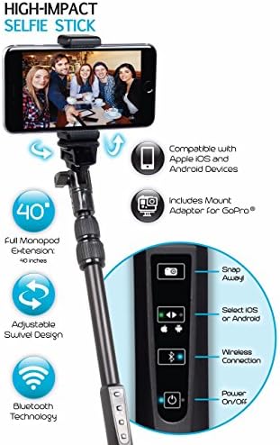 iBower High-Impact Selfie Stick with Wireless Shutter Control for iOS and Android Devices