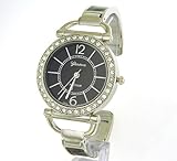 IMAGE OF Slim and Classy Silver Ladies Bangle Watch with Crystals and Black Enamal Band