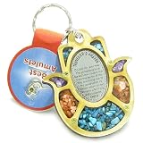 Holly Land Genuine Gemstones Amulet Travelers Prayer Protection Powers Hamsa Hand Natural Wooden Keychain Lucky Charm
