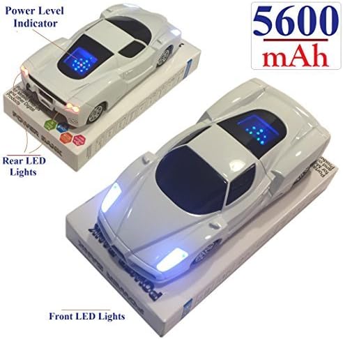 Josi Minea® 5600mAh Ultra-Compact High Capacity Portable Charger Backup External Battery Power Bank Pack shaped similar to Miniature F1 Luxury Race Car with Real LED Front & Back Lights and Colorful Power Level LED Indicators for Apple iPhone 5S / 5C / 5 / 6 / 6 Plus, 4S, Samsung Galaxy S5 / S4 / S3, Note 3 / Note 2, Nexus 4, HTC One, Nokia Lumia & most other Smartphones (White)
